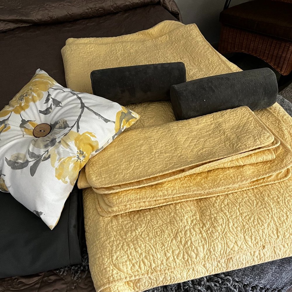 Matrelisse king bedspread, matching sham, bedskirt, boosters, square pillow